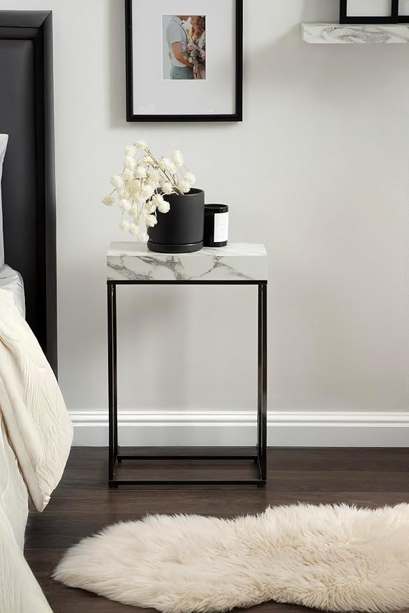 Kate and Laurel Karlsen Modern Faux Marble and Metal Narrow Side Table, 16 x 8 x 24, White and Gray Gunmetal, Minimal Slim End Table for Use as Bedroom Nightstand or Entryway Accent