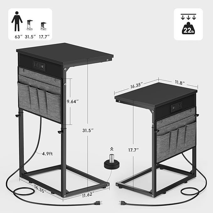Vagusicc C-Shaped End Table Set of 2 with Charging Station, Small Side Table for Couch, Adjustable Height Couch Side Table, Slide Under Sofa Table TV Tray Tables for Living Room,Bedroom,Bedside, Black