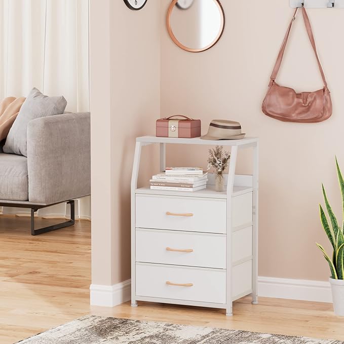 Furnulem White Nightstand with 3 Drawers and 2-Tier Shelf, Small Night Stand End Table Side Furniture, Fabric Storage Organizer for Bedroom, Closet, Hallway, Nursery, Sturdy Steel Frame, Wood Top