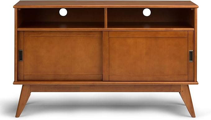 SIMPLIHOME Draper SOLID HARDWOOD 54 Inch Wide Mid Century Modern TV Media Stand in Teak Brown For TVs up to 60 Inches, For the Living Room and Entertainment Center
