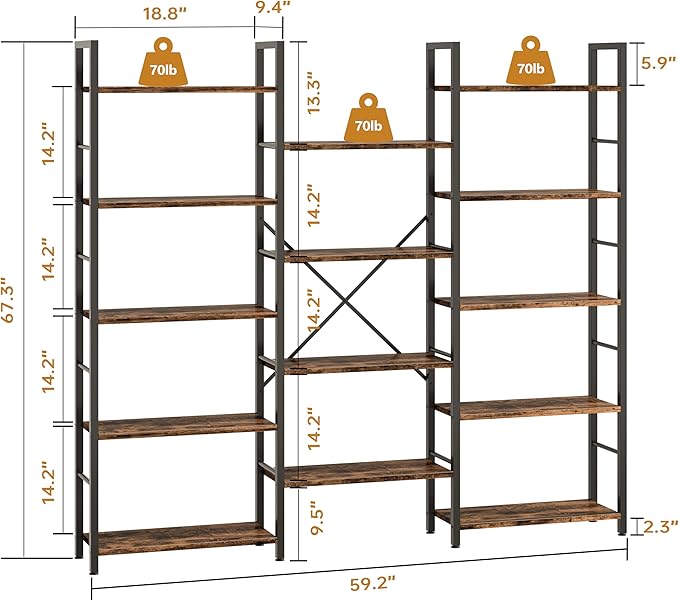 Shintenchi Triple Column 5 Tier Bookshelf, Industrial Large Bookcase Display Shelves, Large Etagere Bookshelf,Wide Book Shelf Book Case for Home & Office, Rustic Brown