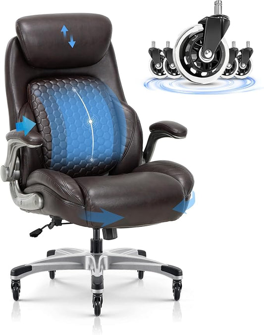 COLAMY Office Ergonomic Desk High Back Executive Chair with Pop-Out Lumbar Support, Upgraded Casters, Adjustable Headrest, Flip-Up Arms, Leather Home with Thick Cushion for Comfort - Brown