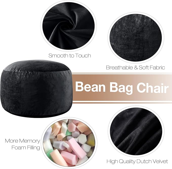 3 Ft Large Bean Bag Chairs for Adults/Teens with Memory Foam Filling, Comfy Bean Bag Sofa with Filler Included, Soft Dutch Velvet Fabric Beanbags,3 Foot, Black