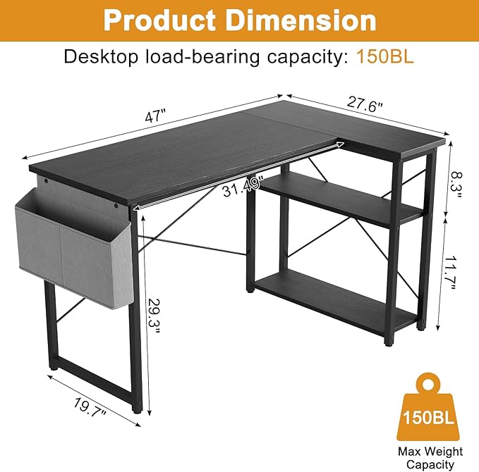 L Shaped Computer Desk with Reversible Shelves, 47 Inch Small Corner Desk with Storage Bag, Gaming Desk Computer Table Study Writing Table for Home Office Bedroom Small Space, Black