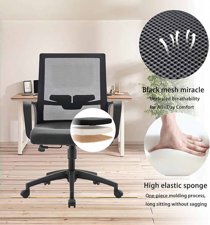 Office Chair ergonomically Designed with Breathable mesh backrest and Lumbar Support Adjustable Height Suitable for Offices Homes bedrooms Study Rooms Black