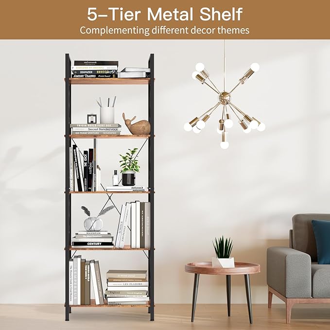 72"H 5-Tier Bookshelf: MDF Wood & Steel Shelves with 500lbs,Tall Narrow Adjustable-Shelf Bookcase.Bookshelves Storage Organizer, Industrial Display Standing Shelf Unit for Living Room/bedroom/Office