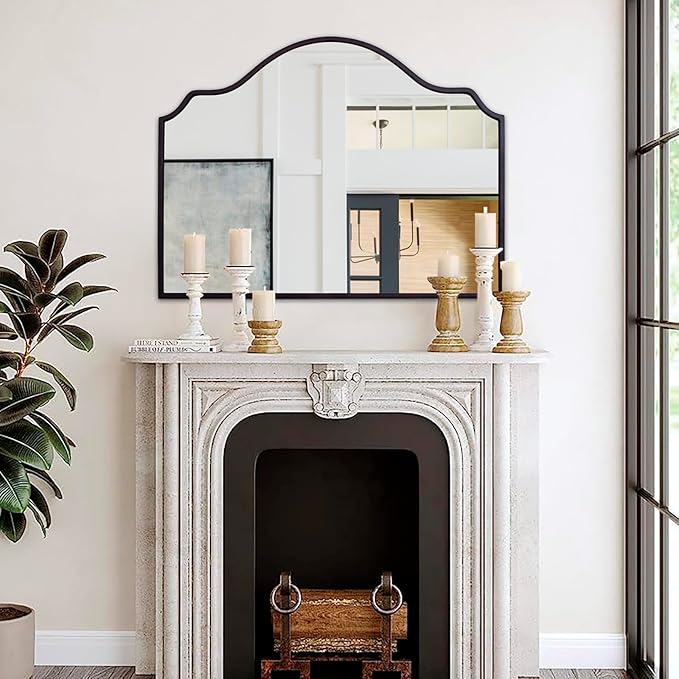 Chende Black Arched Mirror, 36'' x 24'' Decorative Wall Mirror with Wooden Frame, Modern Scalloped Mirror for Entryway, Living Room, Fireplace