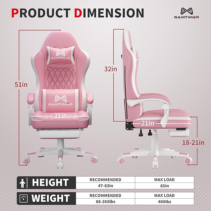 Gaming Chair, 400 lbs Adult Chair, High Back Computer Chair with Footrest and Linked Armrests, Office Video Game Chair with Lumbar Support (Pink)