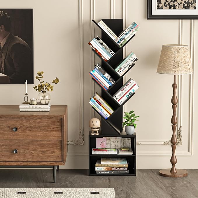 10 Tier Tree Bookshelf,Floor Standing Wood Tall Bookcase for Narrow Space, Storage Organizer Bookshelves for Books, Book Case for CDs/Movies/Books,Home Office,Living Room, Bedroom