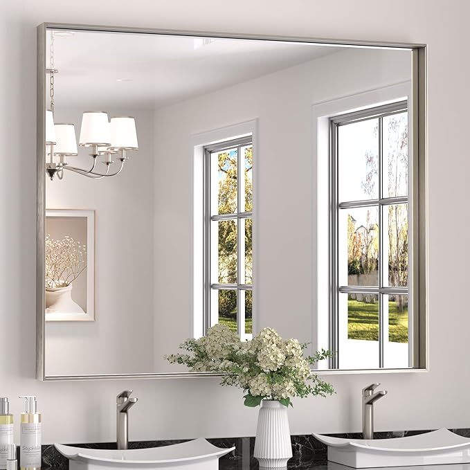Keonjinn 48 x 40 in Brushed Nickel Bathroom Mirror, Rectangular Wall Metal Framed Vanity Mirror Square Corner Aluminum Alloy Modern Rectangle Wall-Mounted Mirror(Horizontal/Vertical)