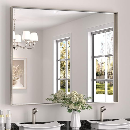 Keonjinn 48 x 40 in Brushed Nickel Bathroom Mirror, Rectangular Wall Metal Framed Vanity Mirror Square Corner Aluminum Alloy Modern Rectangle Wall-Mounted Mirror(Horizontal/Vertical)