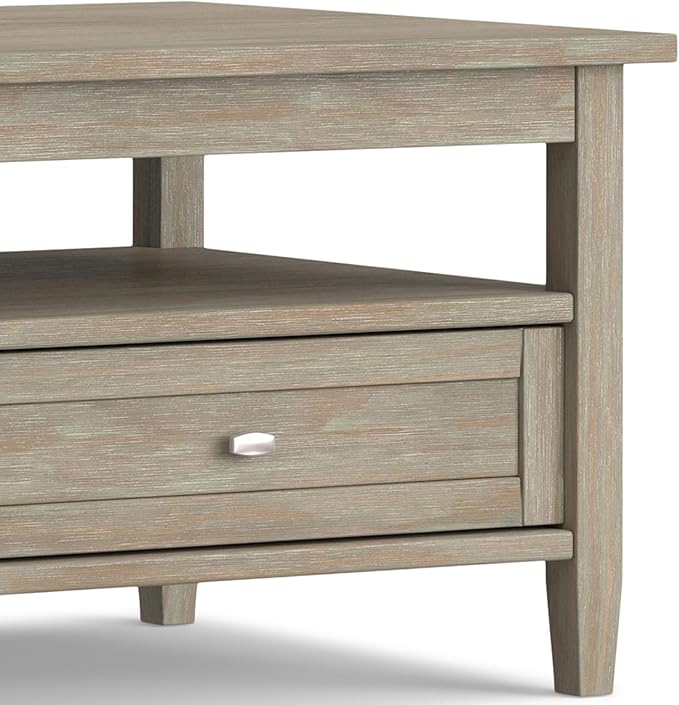 SIMPLIHOME Warm Shaker Coffee Table - 48 inch Wide Solid Wood Cocktail Table in Distressed Grey, Transitional Living Room Table with 2 Storage Drawers and Open Shelf for Sitting Area or Lounge