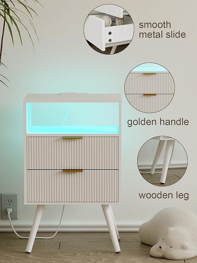 Nightstand, Modern Bedside Table with 2 Storage Drawer and Open Wood Shelf for Bedroom and Small Spaces, Night Stand with Solid Wood Legs (White-Outlet)