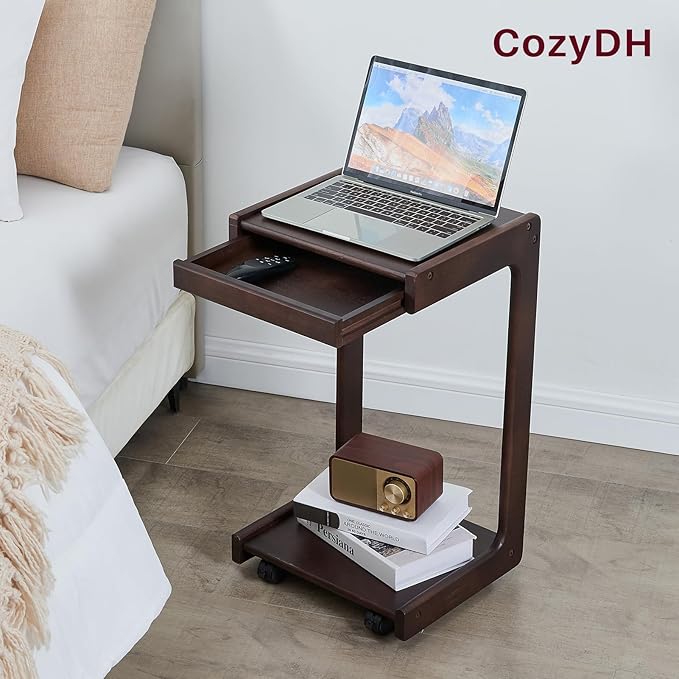 CozyDH C Shaped Solid Wood End Table, Rolling Side Table TV Sofa Tray Table for Eating,Multi-Purpose C Couch Arm Table, Small Coffee Table with Wheels Living Room Bedroom, Walnut