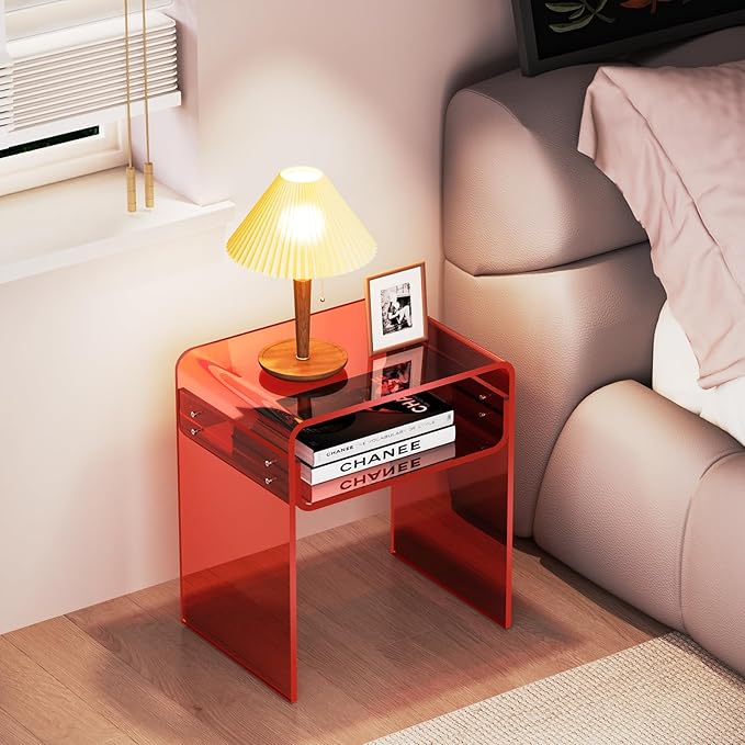 Clear Acrylic End Table 2-Tier Bedside Nightstand for Living Room Bedroom (1, Red)