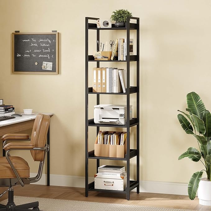 Rolanstar Bookshelf, 6-Tier Storage Rack, Narrow Corner Bookshelf, Display Wooden Shelves for Living Room, Bathroom, Balcony, Kitchen,Black