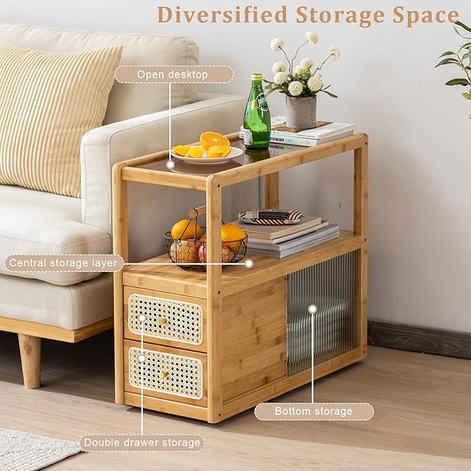 Bamboo Side Table Nightstand with Rattan Drawer & Glass Top – Multi-Function End Table, Nightstands with Storage for Bedroom, Living Room, and Small Spaces, Nature