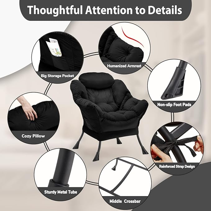 Lazy Chair Thick Padded, Comfy Velvet Accent Lounge Chair with Stable Frame, Leisure Sofa Armchair with Armrests and Side Pocket, Reading Chair for Bedroom, Living Room, Office, Black
