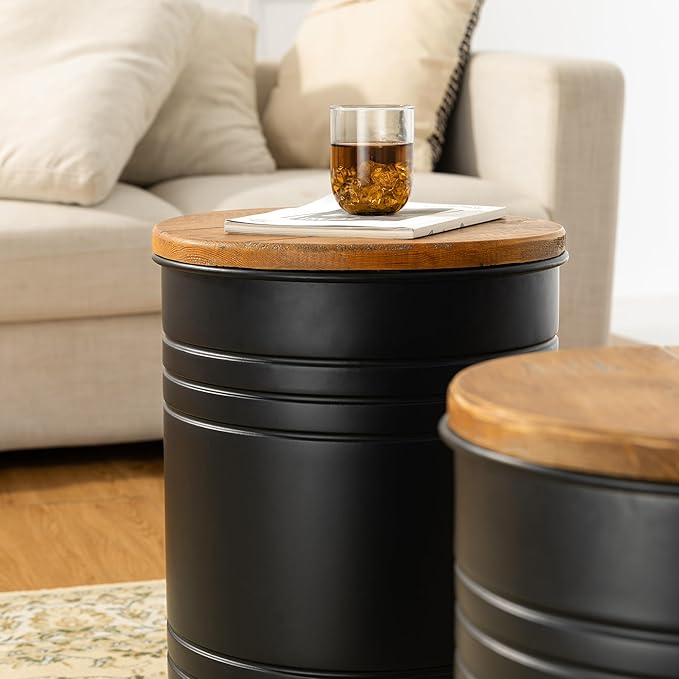 Glitzhome Farmhouse Accent Side Table, Metal Storage Stool Ottoman with Round Lid - Galvanized Coffee Cocktail End Tables Set of 2 for Living Room Bedroom, Black