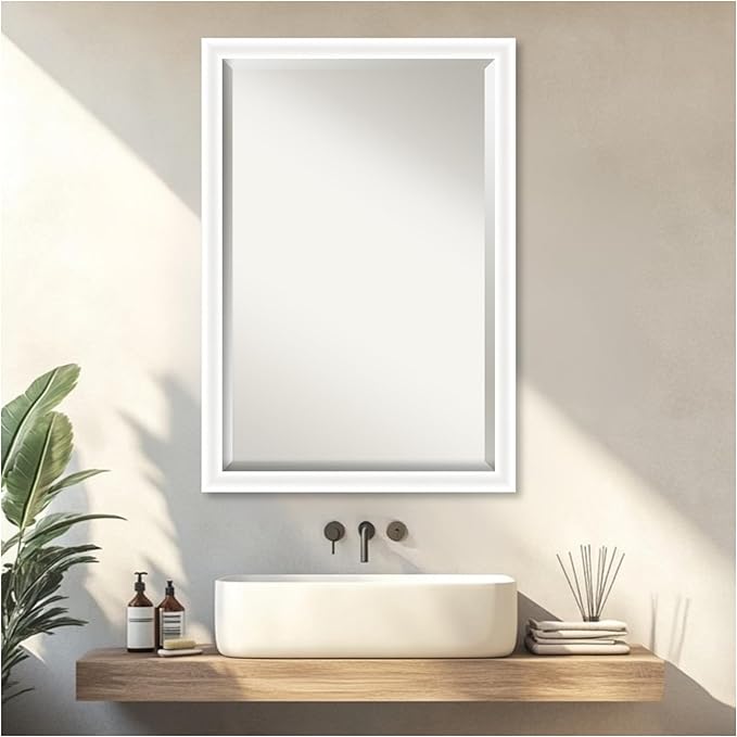 Amanti Art White Bathroom Mirror for Over Sink, 27x39 Oliver White Narrow Rectangle Vanity Mirror, Large Modern Wood Frame, Hangs Horizonally and Vertically, Bathroom Wall Decor, Beveled Edge