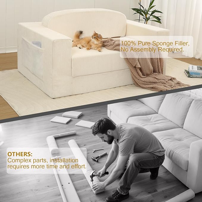 MeMoreCool Convertible Sofa Bed, Pull Out Loveseat Sleeper Sofa Beige, Small Boneless Cloud Couch Bed for Adults, Fold Out Foam Love Seat, Corduroy Folding Floor Couch for Bedroom