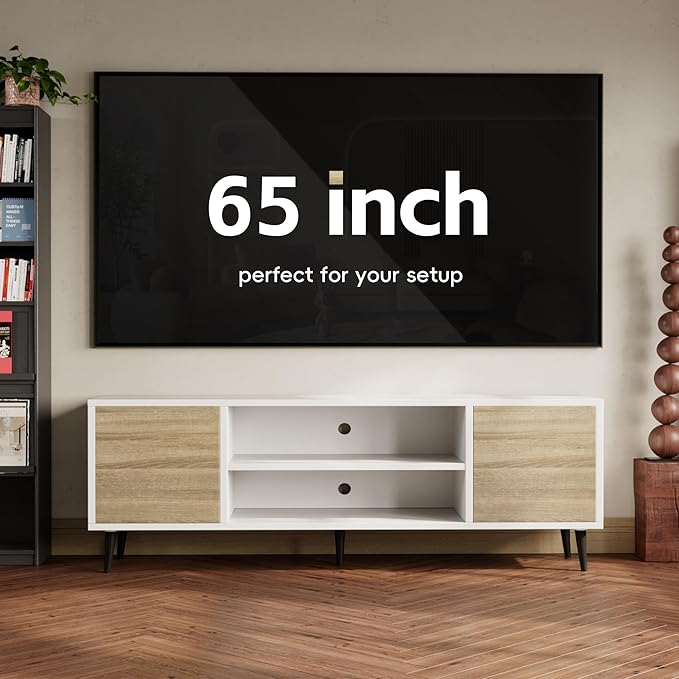 YESHOMY Modern TV Stand for 65" Television, Entertainment Center with Two Storage Cabinets and Open Shelves, Retro Style Media Console for Living Room, Bedroom, Office, 58 Inch, White and Beige