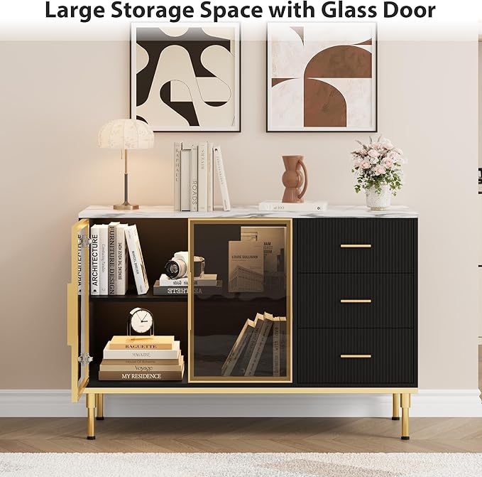 Buffet Sideboard Cabinet with Storage, 46.4" Large Fluted Kitchen Sideboard Cabinet with 2 Glass Doors 3 Drawers and Shelves, Faux Marble Top Buffet Table for Dining Room, Living Room, Black