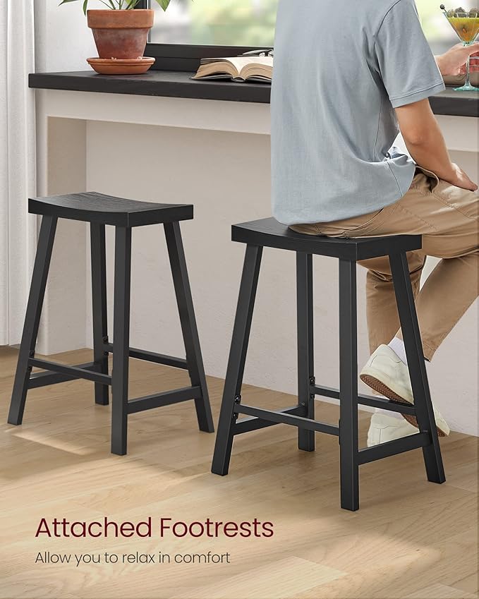 VASAGLE Bar Stools, Set of 2 Bar Chairs, Kitchen Breakfast Bar Stools with Footrest, 23.6 Inches High, Industrial in Living Room, Party Room, Black ULBC074B56