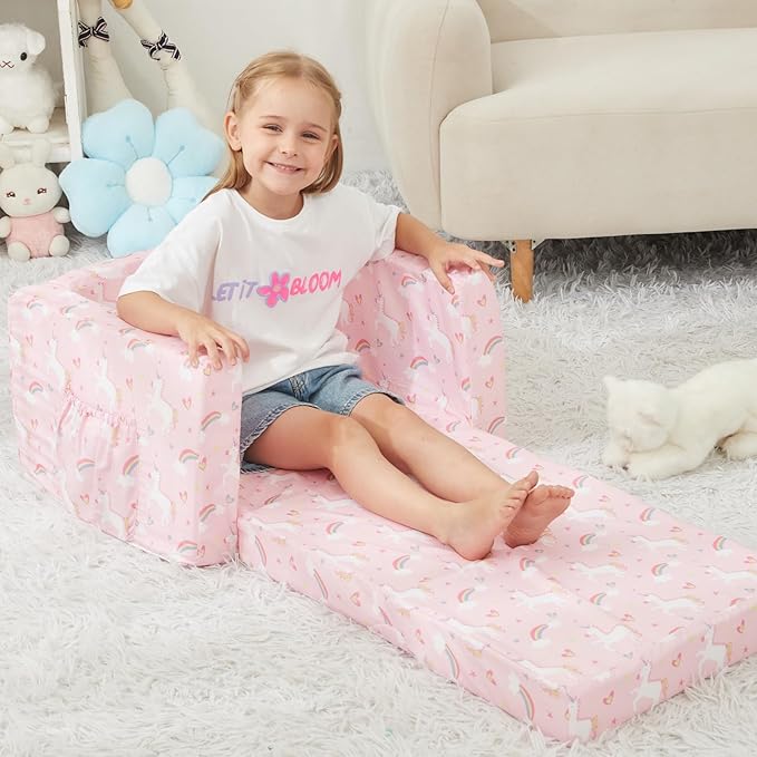 Viviland Kids Chairs for Toddler,2-in-1 Soft Toddler Couch Fold Out,Convertible Soft to Lounger Toddke Chair Comfy for Girls and Boys,Pink Unicorn