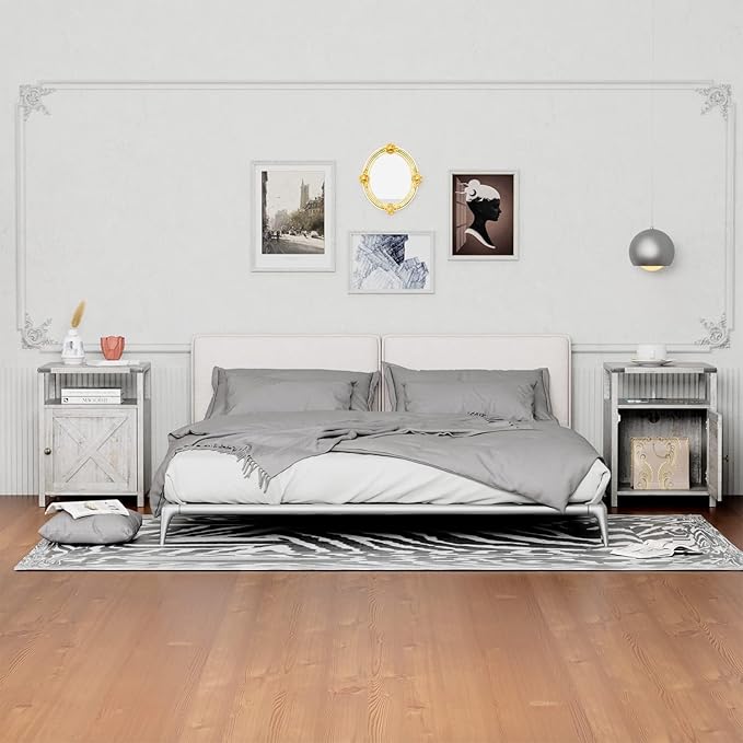 Farmhouse Nightstand Set of 2, Rustic End Table with Storage, Bedroom Night Stand, Industrial Bedside Table with USB Ports and Outlets, 17.7 x 17.7 x 23.6 inches, Grey