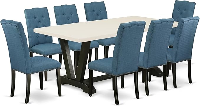 East West Furniture V627EL121-9 9 Piece Dining Table Set Includes a Rectangle Dining Room Table with V-Legs and 8 Blue Linen Fabric Upholstered Parson Chairs, 40x72 Inch, Multi-Color