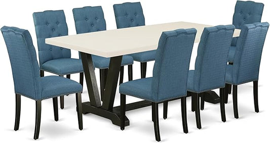 East West Furniture V627EL121-9 9 Piece Dining Table Set Includes a Rectangle Dining Room Table with V-Legs and 8 Blue Linen Fabric Upholstered Parson Chairs, 40x72 Inch, Multi-Color