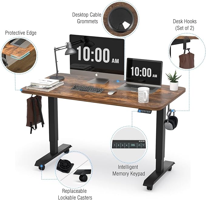 Monomi Electric Height Adjustable Standing Desk, 48x24 Inches Ergonomic Home Office Sit/Stand Up Desk (Black Steel Frame/Rustic Brown Top)