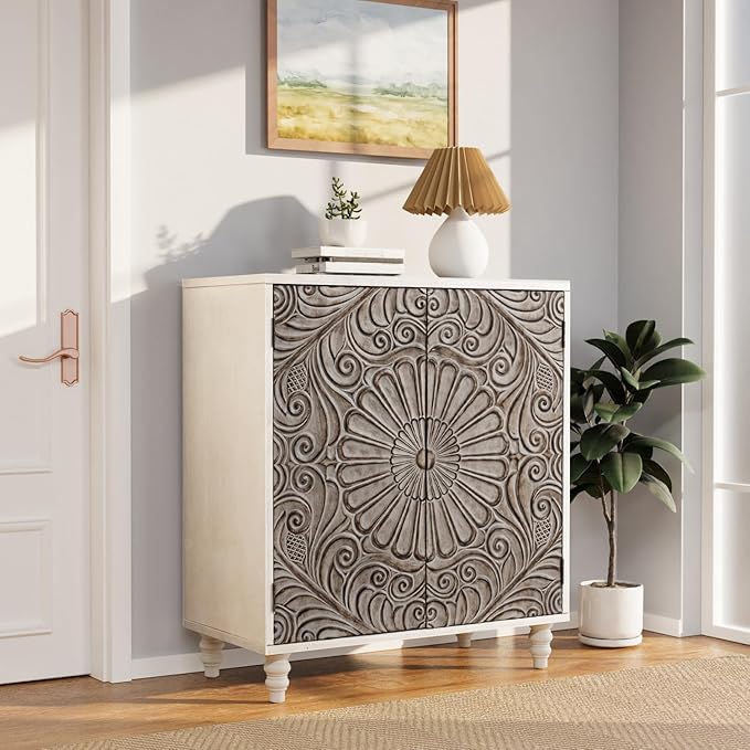 COSIEST 32" W Sideboard Buffet Cabinet with Storage, Accent Cabinet with 2 Push-to-Open Magnetic Doors, Vintage MDF Buffet Table for Living Room, Kitchen, Hallway (Gray,Flower Pattern)