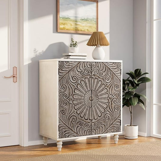 COSIEST 32" W Sideboard Buffet Cabinet with Storage, Accent Cabinet with 2 Push-to-Open Magnetic Doors, Vintage MDF Buffet Table for Living Room, Kitchen, Hallway (Gray,Flower Pattern)