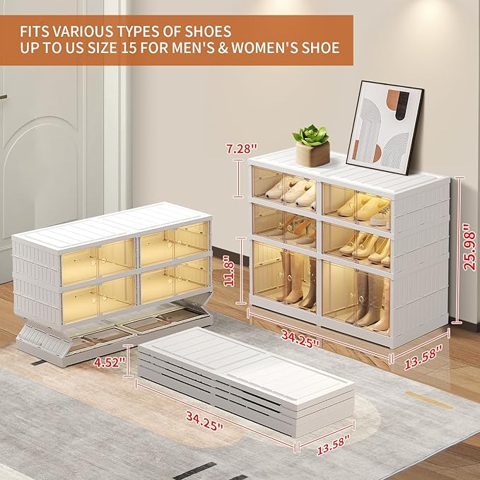 3 Tier Foldable Shoe Rack Organizer for Closet 6-12Pairs Plastic Collapsible Shoe Racks Shelf for front door entrance Stackable Clear Folding Shoes Storage boxes XLarge Storage Cabinet