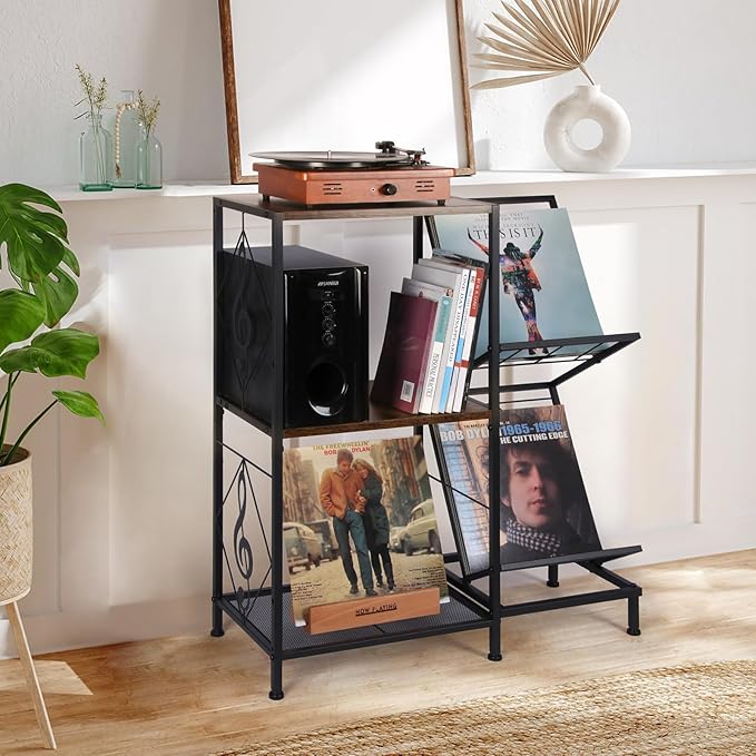 Record Player Stand with Vinyl Record Storage, Turntable Stand with 2-Tier Vinyl Display Shelf & Metal Frame, Record Holder for Living Room, Rustic Brown