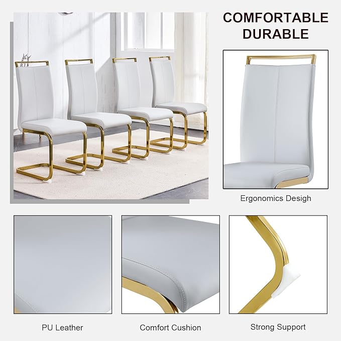 Modern Dining Chairs Set of 4,High Back Kitchen Chairs,Faux Leather Side Chair with Gold Plated Metal Legs,Easy to Clean Upholstered Dining Chairs,Ideal for Living Room(Gold Leg)