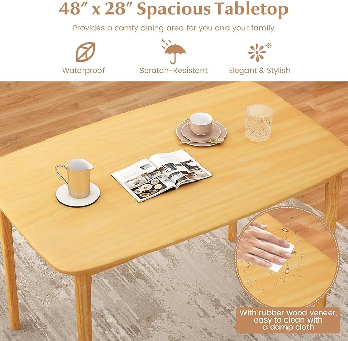 COSTWAY Dining Table, 48” Wooden Rectangular Kitchen Table with Solid Rubber Wood Legs, Spacious Tabletop for Kitchen, Dining Room, Restaurant