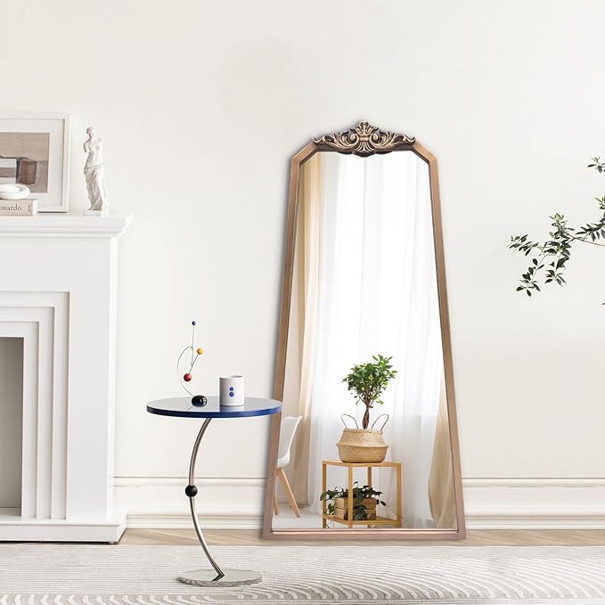 POZINO Brass Vintage Mirror,47.2"x 24" Arched Decorative Wall Mirror with Metal Frame, Ornate Gold Crown Molding, Traditional Antique Trapezoid Mirrors for Entryway Fireplace Living Room Bathroom