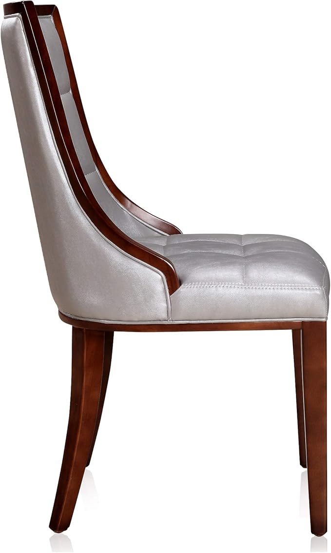 Manhattan Comfort Fifth Avenue Faux Leather Dining Chairs, Parsons Accent Furniture with Padded Wingback Seat, Fine Rectangular Stitching and Solid Beech Wood Frame, Set of 2, Silver