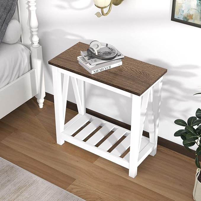 ChooChoo Farmhouse End Table, Narrow Side Table, Slim End Table with Storage Shelf for Small Spaces, Rustic Nightstand, for Living Room, Bedroom White