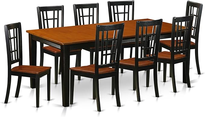 East West Furniture QUNI9-BCH-W 9 Piece Dining Room Table Set Includes a Rectangle Kitchen Table with Butterfly Leaf and 8 Dining Chairs, 40x78 Inch, Black & Cherry