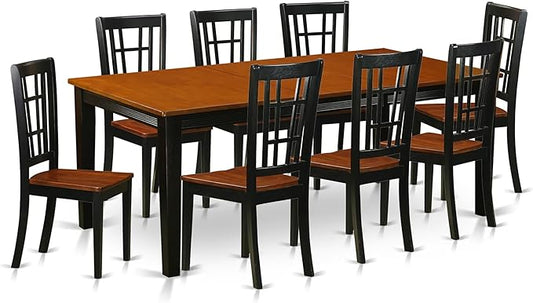 East West Furniture QUNI9-BCH-W 9 Piece Dining Room Table Set Includes a Rectangle Kitchen Table with Butterfly Leaf and 8 Dining Chairs, 40x78 Inch, Black & Cherry