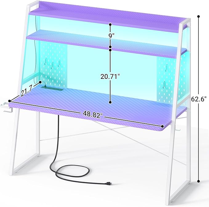 Gaming Desk with Hutch and LED Lights, Gaming Computer Desk with Power Outlets, Gamer Desk with Storage Shelves, PC Gamings Desk with Pegboards for Bedroom, Carbon Fiber Purple, 49"