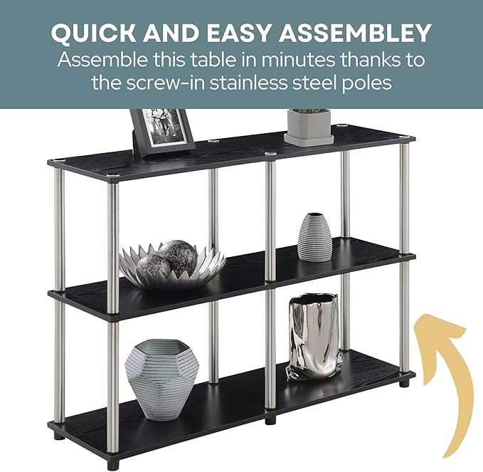 Convenience Concepts Designs2Go No Tools 3 Tier Wide Console Table 42" - Modern Multipurpose Accent with Shelves for TV Media Center, Office Desk Extension, Entryway Display, & Home Storage, Black
