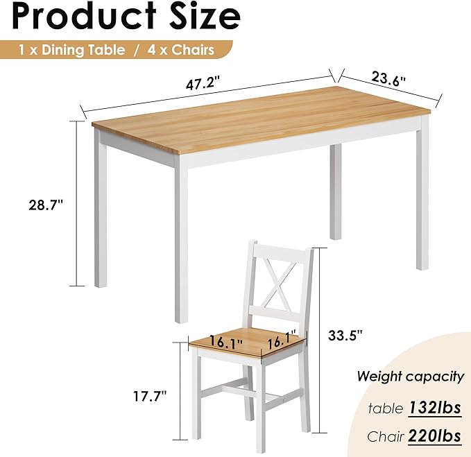 sogesfurniture Dining Table Set for 4，Dinette Set for 4 Small Space,5 Pieces Dining Table for Kitchen, Dining Room 47.5'', Pine Wood,Oak&White
