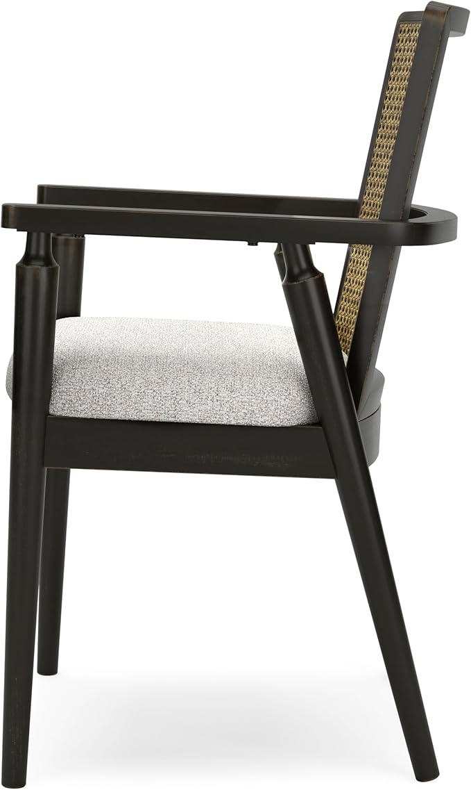 Signature Design by Ashley Galliden Rustic Solid Wood Upholstered Dining Arm Chair with Faux Cane Backrest, Set of 2, Light Brown & Black