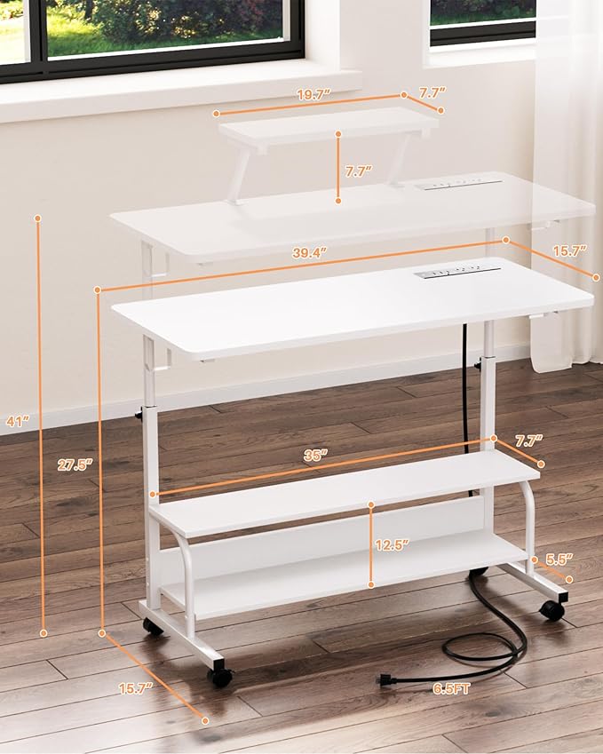 Height Adjustable Standing Desk with Power Outlets and LED Lights - 39" Manual Stand Up Desk with Monitor Stand and Storage Shelves Small Mobile Rolling Computer Desk Portable Laptop Table, White