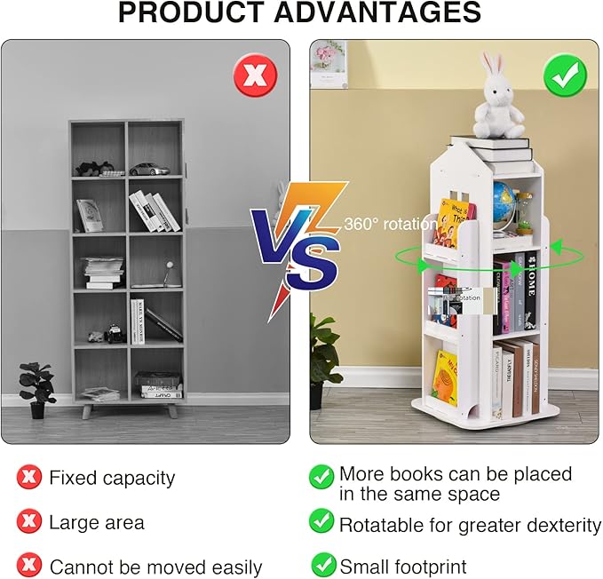 Rotating Bookshelf, 360 Display 3 Tier Floor Standing Bookcase Storage Rack, Kids Book Shelf Organizer, Small Corner Bookshelf for Small Space, for Bedroom, Living Room, White